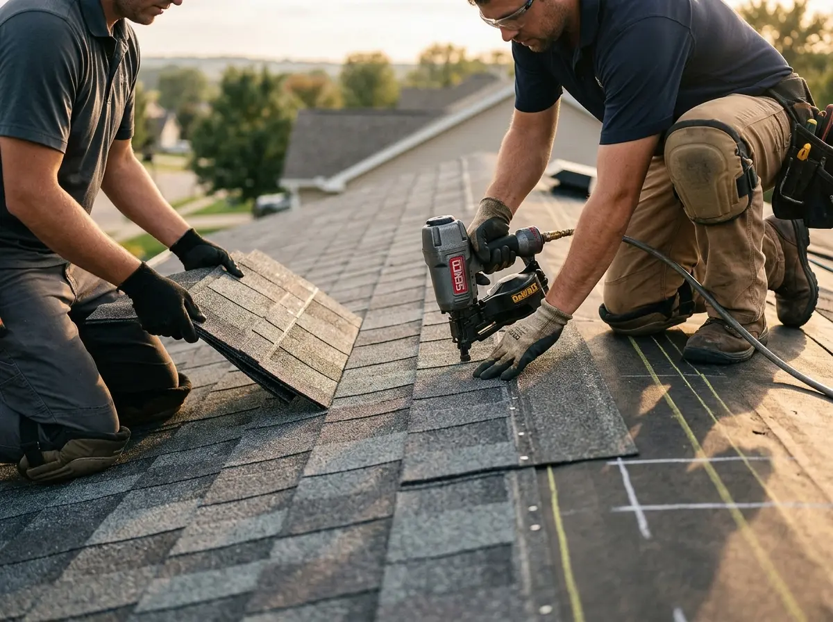 Professional roofer working on a residential roof in Vestavia Hills